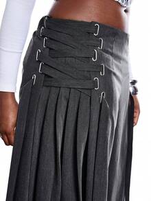 SHEIN EZwear 大码女式纯色侧系腰褶皱阔腿宽松裤 - 深灰色 - 查看 4