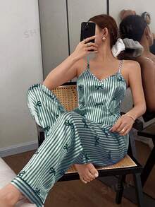 Napfluff Conjunto de pijama de mujer con pajarita y top de camisola con estampado de rayas de seda sintética y pantalones - Verde Oscuro - Ver 6