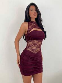 Aloruh Đầm ngắn ren phối màu thanh lịch thường ngày dành cho nữ, màu đỏ rượu vang, kiểu dáng gợi cảm sang trọng. - Màu Hoa hồng đỏ - Xem 4