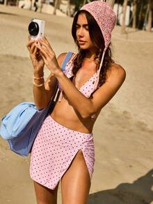 Swim Mod Women's Summer Beach Polka Dot Halter Tie Sexy Bikini Set With Matching Skirt 2 Pieces Set Swimwear - Pink - View 10