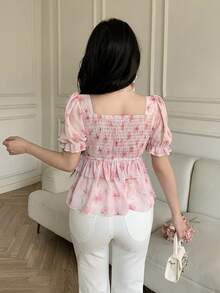 Celisse Floral Print Square Collar Petal Sleeve Bow Tie Waist Ruffle Hem Women Blouse - Multicolor - View 2