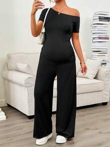 SHEIN 2pcs Maternity Solid Color Asymmetrical Shoulder Short Sleeve T-Shirt And Adjustable Waist Pants Casual Outfit - Black - View 8