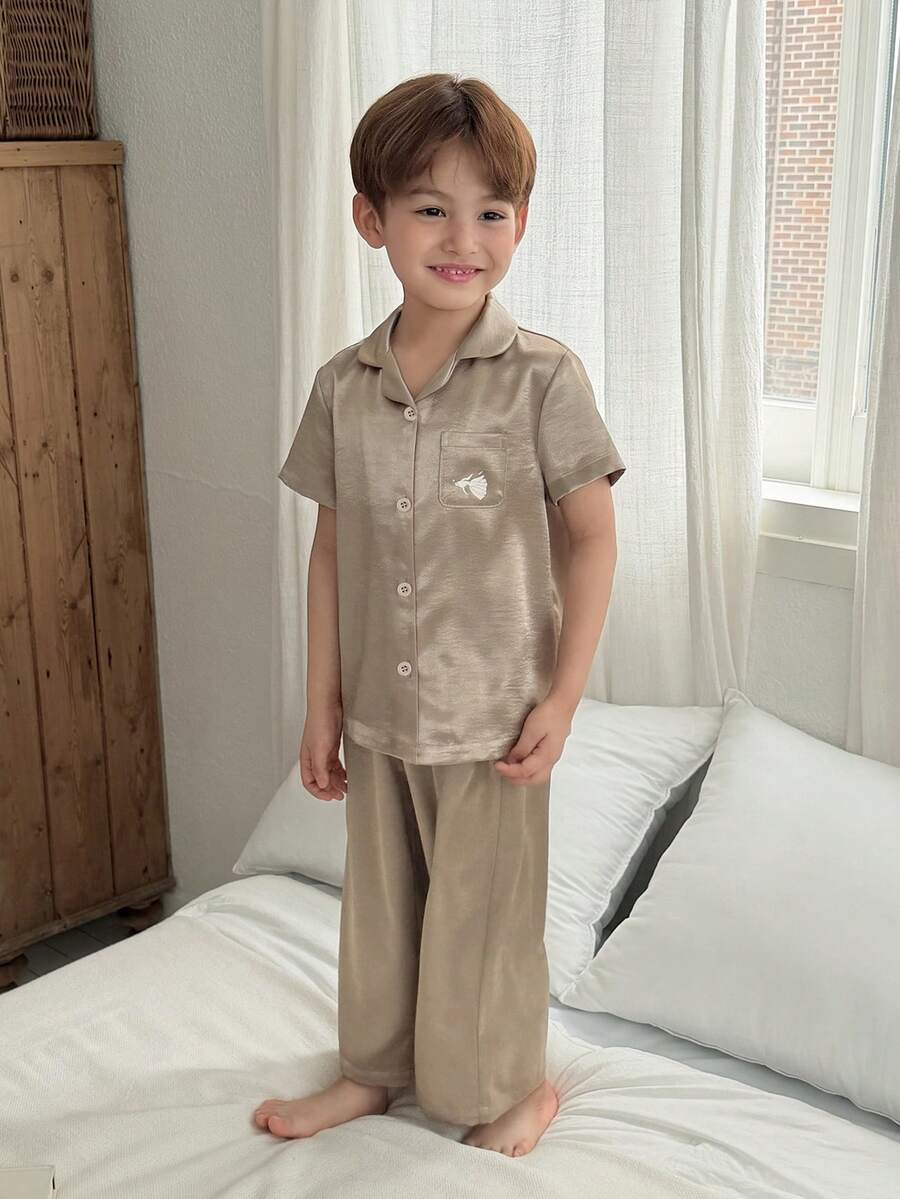 DAZY Young Boy Single-Breasted Short Sleeve Top And Pants Casual Loungewear Pajama Set - Khaki - View 1