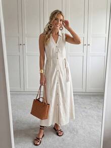 SHEIN LUNE 女士夏季服装亚麻面料衬衫领纽扣装饰米色中长优雅连衣裙，适合春夏休闲装、通勤和办公室波西米亚风女装商务休闲装女士老款风格女士度假装女士 - 杏色 - 查看 3