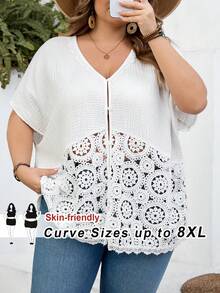 SHEIN CURVE+ 加大码 US22 音乐节、海滨度假、波西米亚风休闲纯色蕾丝拼接蝙蝠袖衬衫，适合教师穿着，夏季上衣 - 白色 - 查看 11