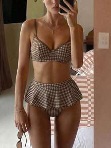 Swim Mod 夏季女士两件式格子印花带钢圈吊带泳衣，米色 - 咖啡棕 - 查看 1