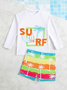 Young Boys'Tropical Holiday Style Printed 2-Piece Swimsuit Set,Long Sleeve Sun Protection Rash Guard Shirt&Swim Pants For Summer Beach Vacation - Multicolor - View 3