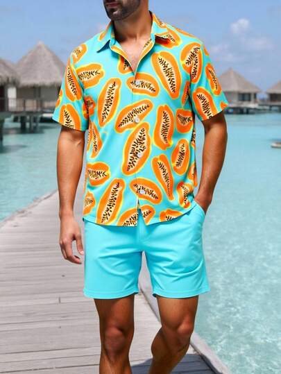 ZELFYO 男士木瓜印花短袖衬衫和短裤休闲沙滩装