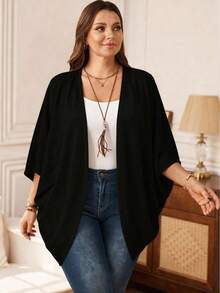 EMERY ROSE Plus Size Vacation Solid Color Asymmetric Hem Batwing Sleeve Casual Jacket,Spring/Summer Winter Fall Autumn - Black - View 1