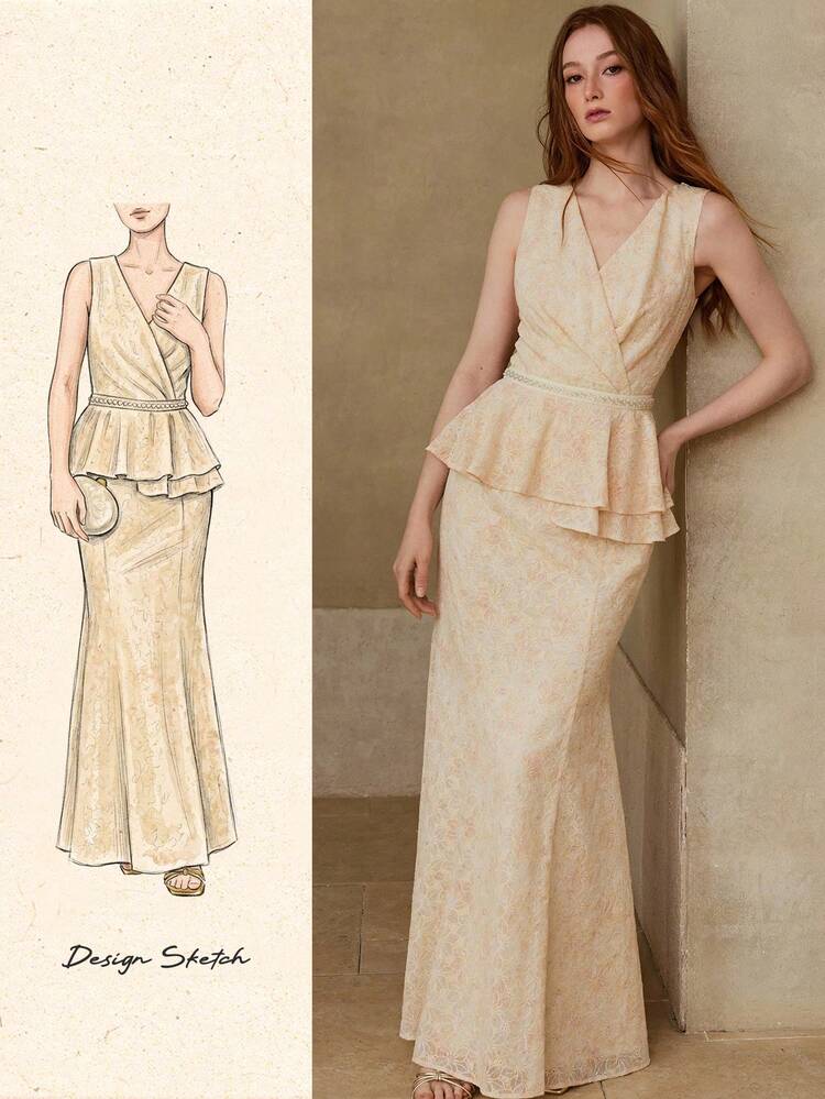 WOMEN'S ELEGANT ROMANTIC PEPLUM WAIST MAXI MERMAID DRESS, SPRING/SUMMER