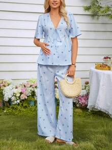 SHEIN 系带印花上衣和阔腿裤孕妇两件套 - 藍色 - 查看 4