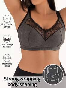 DesireSculpt 1pc Ribbed Fabric Full Coverage Wireless Lace Trim Patchwork Ladies Bra - Dark Grey - View 4