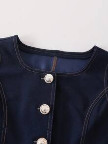 Conjunto de 2 piezas de niña preadolescente para ir a la escuela o eventos formales, con top sin mangas elegante y pantalones rectos holgados con contraste de pespuntes y chaleco vaquero de verano - Azul - Ver 4