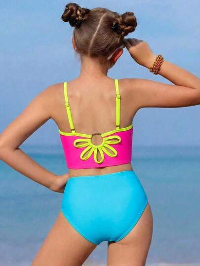 SHEIN 2-Piece Tween Girls Tankini Set, Includes Spaghetti Strap Crop Top With Floral Cutout Back Design And High-Waisted Bottom, Knit Fabric, Fashionable, Casual, Elegant, Suitable For Swimming, Summer Vacation, Beach, Pool, Party, Leisure Holiday Spring Summer Picks Yellow Shorts Ruffle Yellow Cami Top