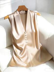 GlowEve 女士V领褶皱珍珠纽扣套头衫，缎面光泽面料，适合日常通勤和办公穿着，春夏款 - 杏色 - 查看 8