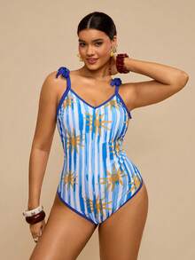 Travachic Plus Size Women's Ocean Creature Printed One-Piece Swimsuit, Fish Pattern Spaghetti Strap V-Neck Swimwear Plus Size Bathing Suits Women - Blue - View 4