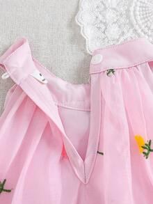SHEIN 1件装 女童圆领无袖A字网纱连衣裙，粉色梦幻花卉刺绣优雅公主裙，适合夏季日常外出、旅行、生日派对、拍照及其他场合 - 粉色 - 查看 7