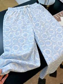 GlowEve CURVE Plus Size Women's Spring/Summer Woven Textured Bubble Print Long Pants, Suitable For Daily Wear And Vacation, Bubble Print Loose Drawstring Waist Trousers - Blue - View 3