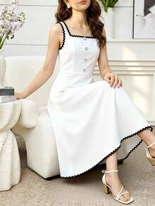 SHEIN Vestido de Cor Sólida Branca com Cinto Preto na Cintura, Vestido Longo Elegante, Adequado para Uso Diário, Festas de Aniversário e Diversos Eventos, Primavera/Verão - Branco - Visão 8