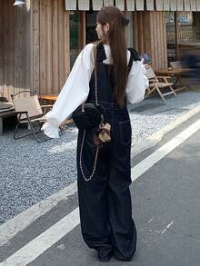 FRIFUL Women's Casual Washed Denim Bib Overalls - Black - View 3