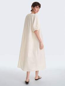 Aalyst Vestido camisero de mujer de poliéster-algodón con lazo en el cuello, mangas abullonadas, corte holgado, bolsillos laterales, manga corta, longitud larga. Elegante, romántico, vintage, para oficina, trayecto, negocios, playa, casual, versátil, adecuado para primavera/verano, vacaciones, San Valentín, té de la tarde, fiestas - Albaricoque - Ver 3