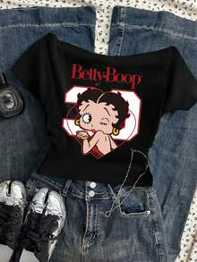 Betty Boop x SHEIN SHEIN Attitoon Women's Casual Waist Ruched Off-Shoulder Betty Collab Tight Fit Short Sleeve T-Shirt, Suitable For Summer, Chic, Y2K - Black - View 8