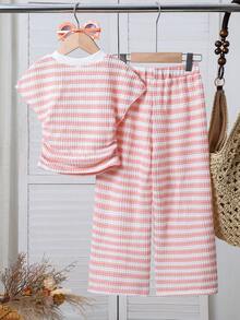 Emery Rose Kids Bộ 2 món áo thun cổ tròn xếp ly kẻ sọc dáng casual cho bé gái, gồm áo thun và quần. - Nhiều màu - Xem 9