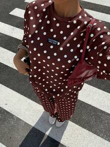 Muchica 女士休闲棕色波点宽松T恤和阔腿裤套装，适合外出、街头风、Y2K时尚、春夏穿着，阔腿裤套装 - 咖啡棕 - 查看 5