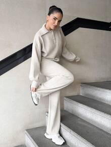 Marta Soriano 2件套女士休闲翻领毛衣和裤子套装，秋季 - 米色 - 查看 5