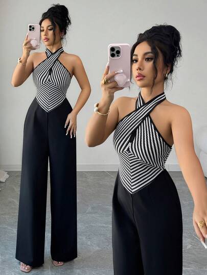 SHEIN Elenzya Nuevo mono elegante de verano para mujer, mono de pata ancha con parches a rayas blanco y negro de pata de gallo, mono elegante para vacaciones y resort, conjunto elegante para mujer, mono de contraste de color, vestido de invitada de boda, regreso a la escuela Día de la Independencia Casual Commute