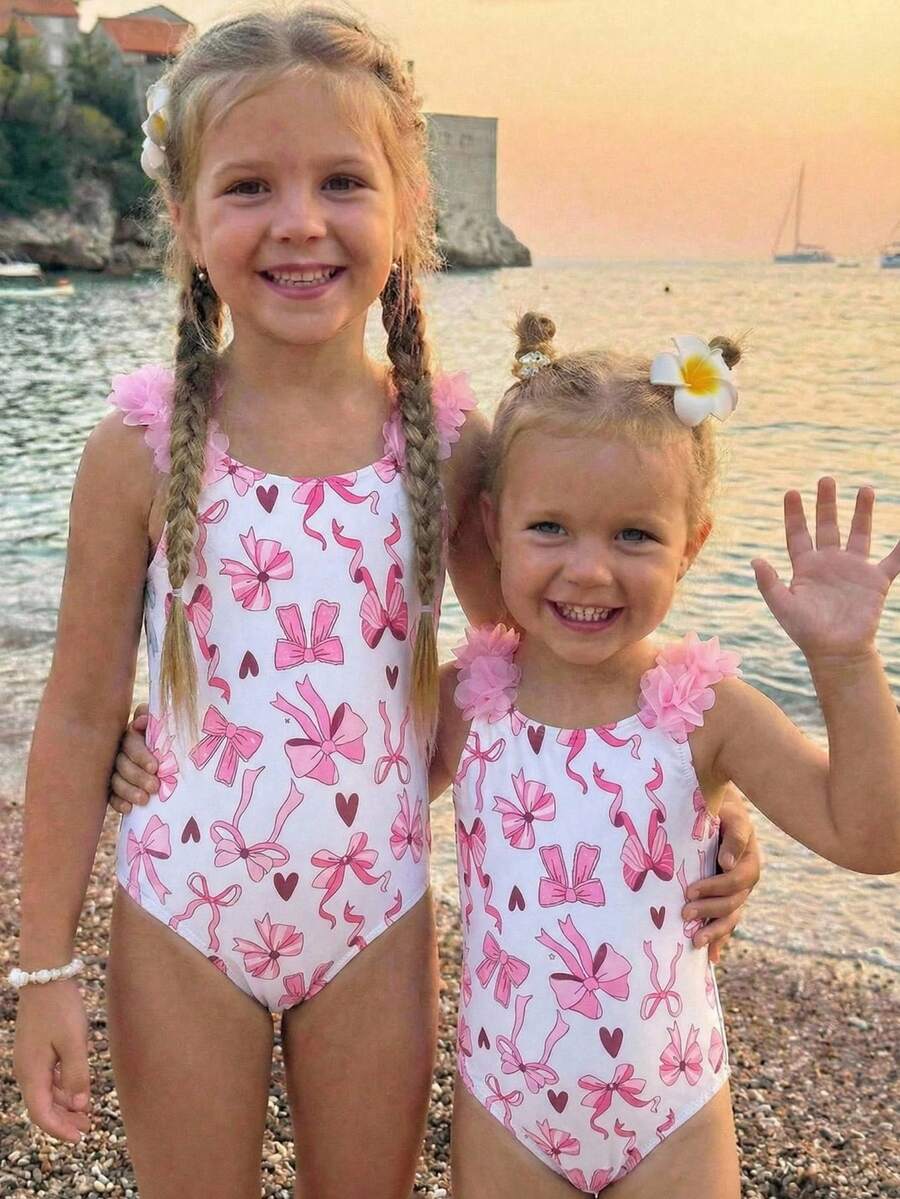 Emery Rose Kids Emery Rose Kids Young Girl Striped Bow Floral 1-Piece Swimsuit - Pink - View 1