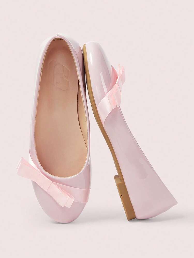 CUCCOO DOLLMOD Women's Light Pink Patent Leather Round Toe Satin Bow Flat Shoes, Workplace Commuting Versatile Light And Comfortable Women's Shoes