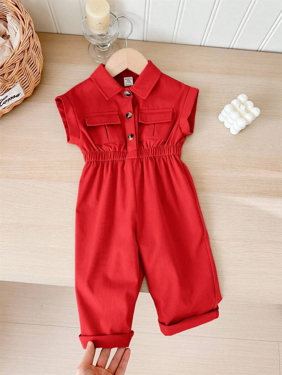 SHEIN LMoss Kids 女宝宝夏季可爱米色短袖收腰领连体衣 - 紅色 - 查看 1