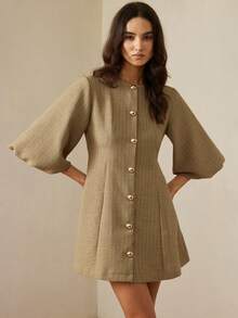 Aveloria Rosie Đầm chữ A tay phồng, thiết kế thời trang kẻ sọc, chất lượng cao, thanh lịch, đa năng dành cho nữ. - màu nâu - Xem 4