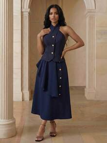 Anewsta Women's Criss-Cross Halter Striped Elegant Blouse - Navy Blue - View 5