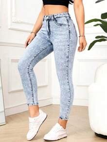 SHEIN PETITE Quần jean denim nữ dáng ôm có túi, đa năng, thích hợp mặc thường ngày. - Rửa nhẹ - Xem 5