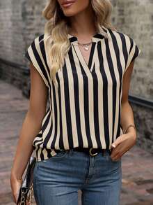 EMERY ROSE Plus Size Women's V-Neck Striped Print Elegant Office Wear Short Sleeve Blouse - Multicolor - View 1