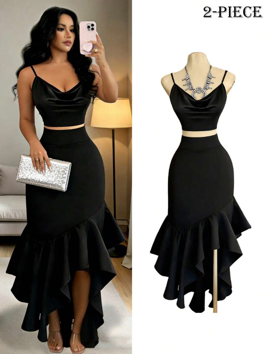 Rafferiza 黑色荷叶边下摆优雅吊带背心搭配黑色荷叶边下摆半裙，两件套鸡尾酒会服装 - 黑色 - 查看 1