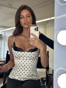 Aloruh Women's Sexy Black Lace Trim Collar Black & White Polka Dot Pattern Bodycon Camisole - Black and White - View 2