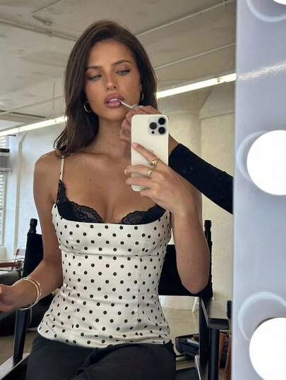 Aloruh Women's Sexy Black Lace Trim Collar Black & White Polka Dot Pattern Bodycon Camisole