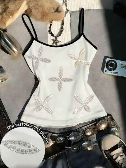 Resyla Contrast Color Pearl Decor Sleeveless Casual Fashion Camisole
