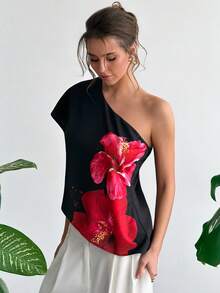 RiviMae 女士不对称下摆印花露肩上衣 - 黑色 - 查看 4