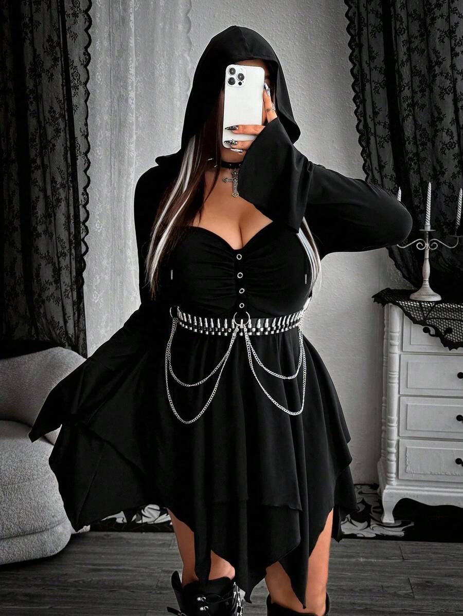 Whyspr Đầm Halloween Goth phong cách Punk Grunge cỡ lớn cho nữ mùa thu - màu đen - Xem 1