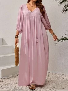 SHEIN CURVE+ Plus Size Solid Long Sleeve Casual Dress, Simple & Fashionable For Everyday Wear,Beach Dress Sundress,Holiday Outfits Boho - Pink - View 4