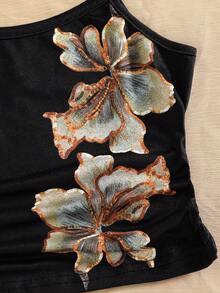 少女碎花亮片休闲百搭吊带背心，适合日常外出、旅行和上学穿着。 - 黑色 - 查看 4