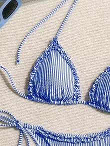Swim Mod Conjunto de bikini de mujer con rayas, estilo náutico, patchwork, ribete de volantes y lazo - azul real - Ver 8