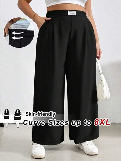 SHEIN CURVE+ Plus Size Women's Fashion Casual Loose Comfortable Daily All-Match Black Wide Leg Pants, Elastic Waistband, Street Style, Retro Chic