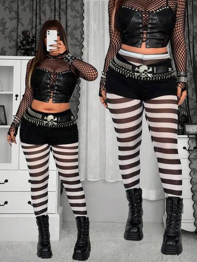 Whyspr 加大码黑白条纹透视打底裤，适合春夏穿着