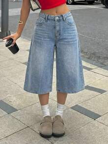 少女休闲夏季百搭腰带环宽松阔腿蓝色牛仔裤 - 淺色水洗藍 - 查看 3