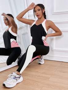 SHEIN Dewbera Women's Black And Pink Contrast Color Patchwork Camisole And Leggings Gym Workout Set,Summer Athleisure Activewear Curve 2 Piece Jogging Running Suit - Pink - View 4